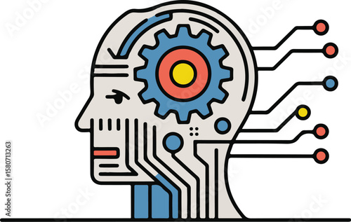 Stylized human head with internal gear and circuit board connections representing artificial intelligence