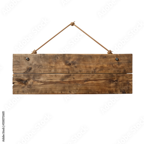 Rustic wooden sign hanging by rope weathered texture evokes vintage charm perfect blank canvas on transparent background
