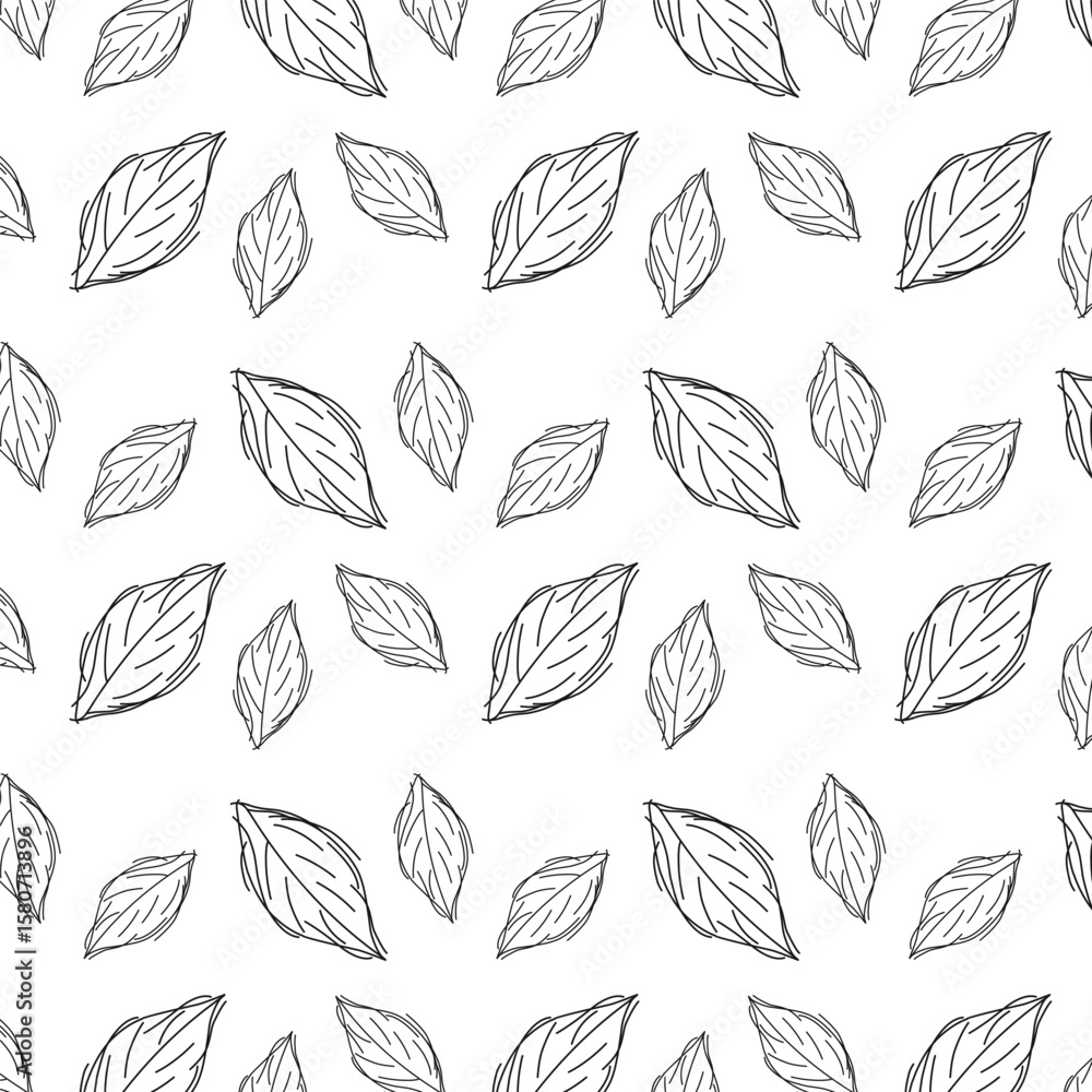 Fototapeta premium A seamless vector pattern featuring hand-drawn leaves in minimal line art style. Ideal for eco-friendly branding, organic product packaging, nature backgrounds, and textile design.