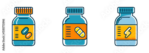 bottles with different supplement pills and labels representing healthcare products