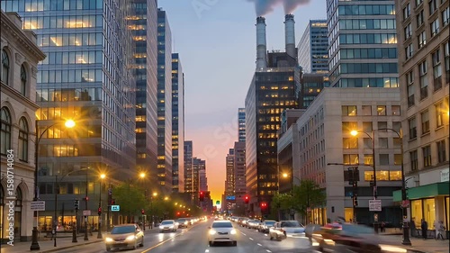 Time-lapse of a busy city street turning into night, buildings lighting up, traffic moving, golden hour to evening transition