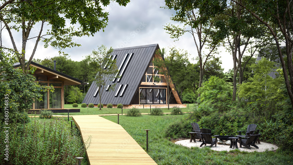 Fototapeta premium Contemporary minimalist black wooden cabin with a gable roof located in a pine forest. Scandinavian architecture design, peaceful retreat in nature.