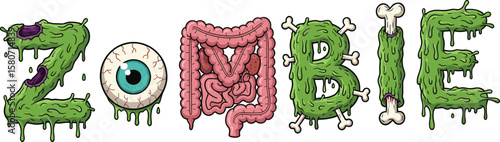 Zombie typography, creepy text design, horror alphabet letters, scary intestine font, eyeball and bone letters, spooky green slime zombie word, Halloween themed monster font