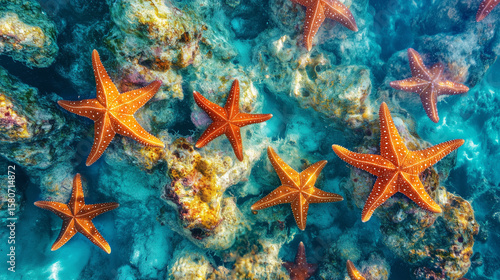 Underwater scene with orange starfish swimming over coral reef  
