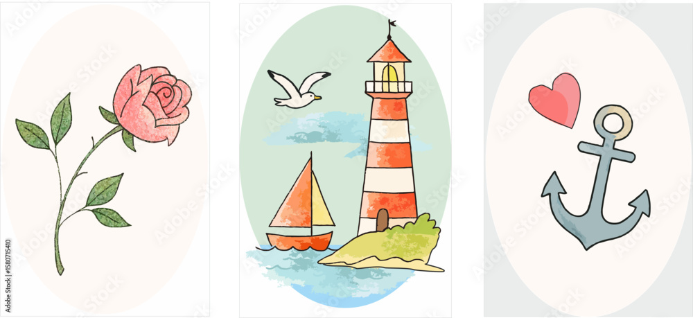 Obraz premium Set of sea and romantic vector illustrations - lighthouse, anchor, rose, sailboat and heart