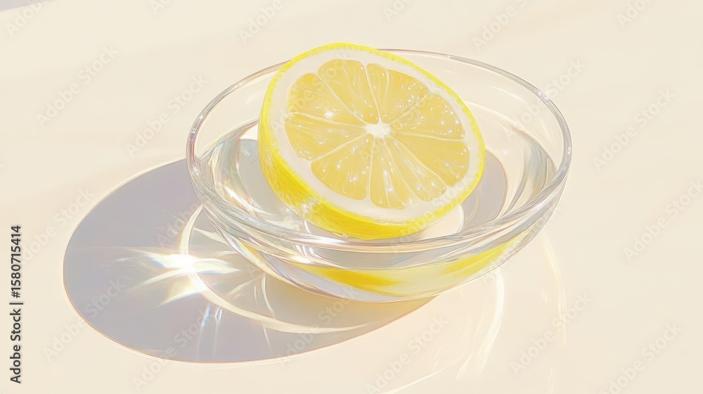 Lemon in Water, Glass Bowl, Sunlight Lemon in Water, Glass Bowl, Sunlight