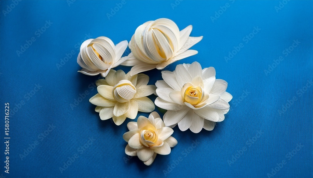 Obraz premium delicate cornice flowers made of twisted glicine in shades of white and cream on a bright blue background