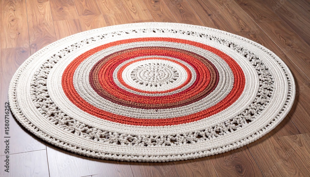 Obraz premium Elegant Round Area Rug with Vibrant Red and Orange Circular Pattern on Wooden Floor Surface