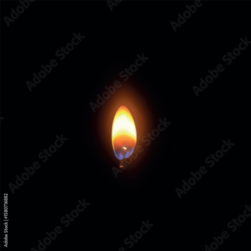 Candle fire flame 3D vector illustration, realistic flare texture on black background, candlelight, memorial event