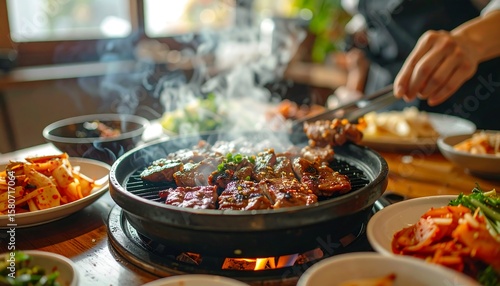 Wallpaper Mural Delicious Korean BBQ Cooking Experience with Grilled Meats and Vibrant Side Dishes on a Table Torontodigital.ca