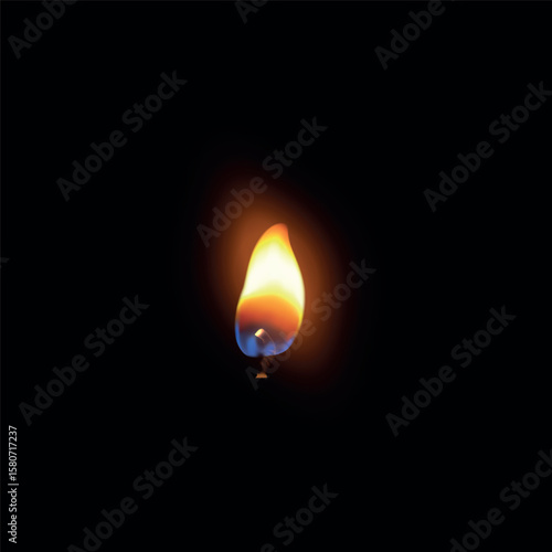 Realistic candle flame with wick on black isolated background.