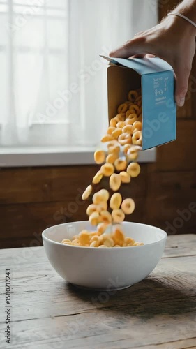Breakfast in Motion: Corn Rings Pouring from Box into White Bowl – Cozy Morning Vertical Video