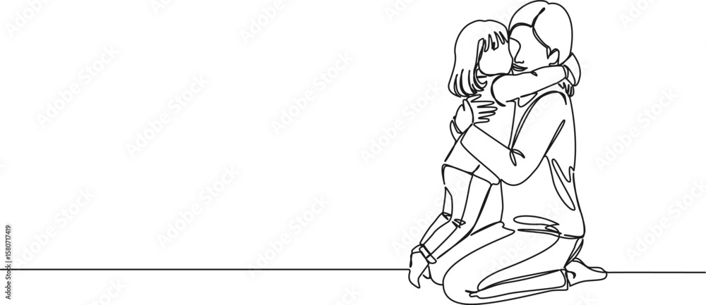 Fototapeta premium continuous single line drawing of mother kneeling on floor hugging her young daughter, line art vector illustration