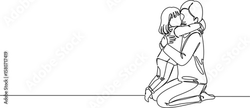 continuous single line drawing of mother kneeling on floor hugging her young daughter, line art vector illustration