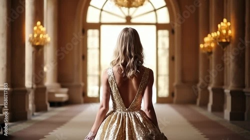 Wallpaper Mural Elegant Woman in Gown Walking Through Palace Hallway Torontodigital.ca