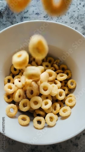Corn Rings Falling into White Bowl – Fast-Paced Vertical Breakfast Video