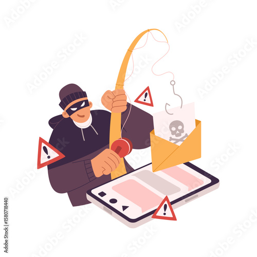 Illustration of hacker activities phishing scam and hack data. Fishing hook with email envelope icon.  Flat design vector