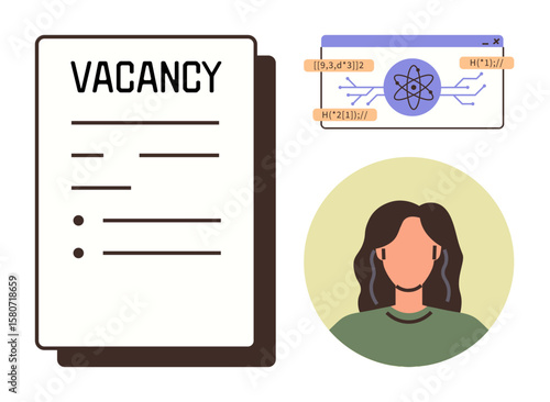 Job vacancy form, programming interface with atomic diagram, candidate portrait. Ideal for employment, recruitment, hiring, job applications, tech, STEM careers HR tasks simple flat metaphor