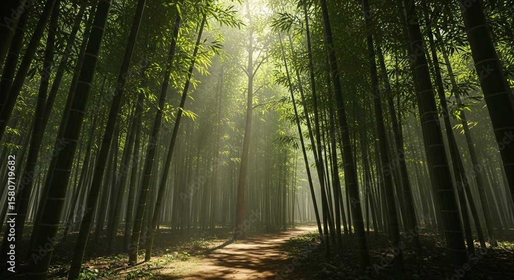 Obraz premium Bamboo Forest with Sunbeams Piercing Through Canopy, Dense Green Foliage and Natural Path, Zen Atmosphere, Peaceful Forest Walk, Tranquil Nature Path