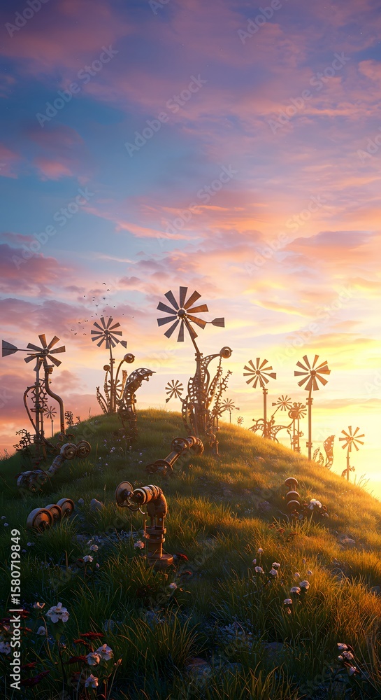 Obraz premium Sunset illuminates a field of fantastical steampunk windmills resembling metallic flowers on a grassy hill. Rustic, dreamlike, and futuristic, Mobile Wallpaper