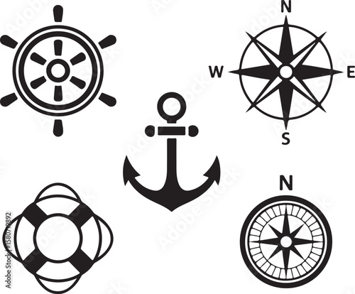 Nautical symbols including anchor ship wheel compass and life preserver