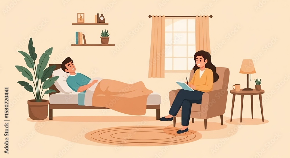 Fototapeta premium Cartoon patient lying on a couch during a therapy session with a male therapist taking notes. Warm lighting, calm atmosphere, cozy room