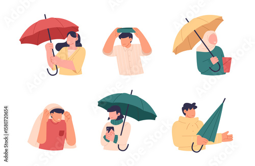 Men and women set holding umbrellas, wearing raincoat, and jacket in rainy weather. Set of people character trapped in the rain. Flat vector illustration isolated on white background