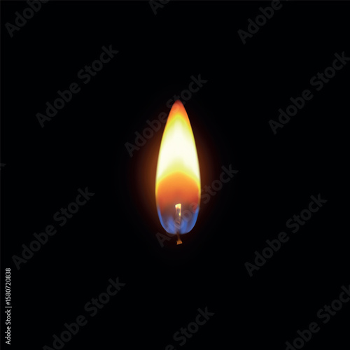 Realistic candle fire flame, closeup burning wick, vector 3D romantic glow flare texture, memorial candlelight