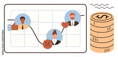 Line graph tracking business metrics with emotive icons and people, next to stacked coins for profit. Ideal for economy, finance, business, teamwork, data analysis, growth motivation. Simple flat