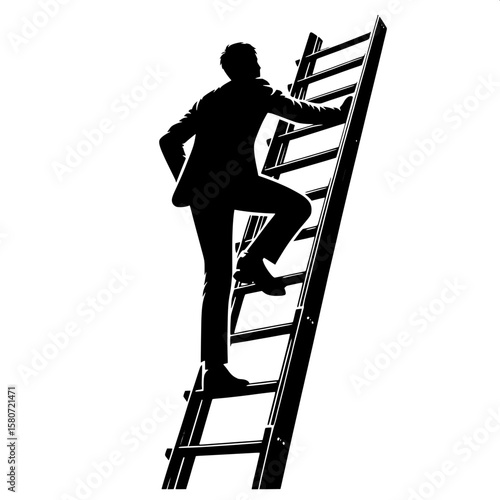 Black and White Vector Silhouette of a Man Climbing Ladder on Site