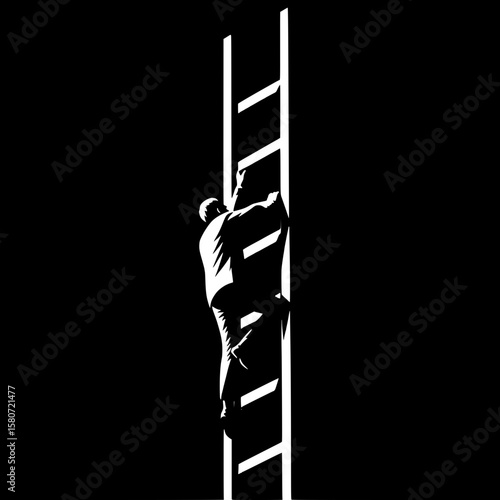 Black and White Vector Silhouette of a Man Climbing Ladder on Site