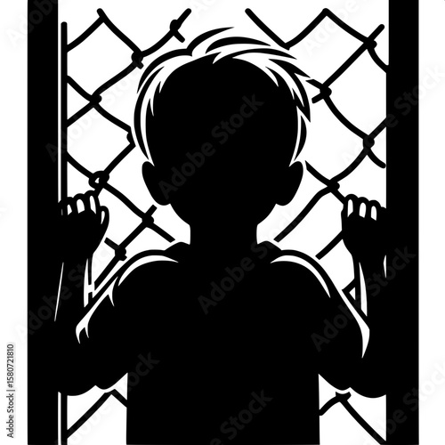 Black and White Vector Silhouette of a Boy Observing from Outside Fence