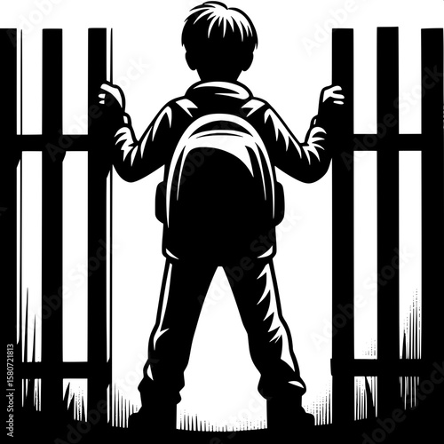 Black and White Vector Silhouette of a Boy Observing from Outside Fence