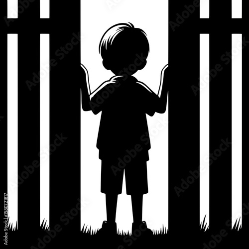 Black and White Vector Silhouette of a Boy Observing from Outside Fence