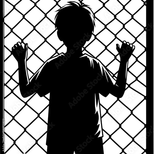 Black and White Vector Silhouette of a Boy Observing from Outside Fence