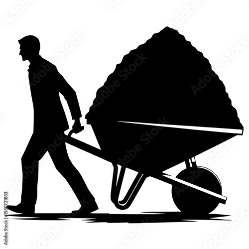 Black and White Vector Silhouette of a Man Pushing a Wheelbarrow