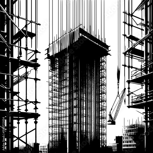 Black and White Vector Silhouette of Scaffolding with Safety Netting