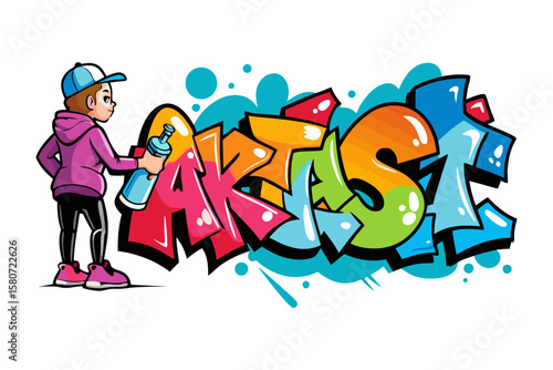 Young artist in a blue and white cap and purple hoodie creates vibrant graffiti art with a spray can showcasing colorful bubble letters