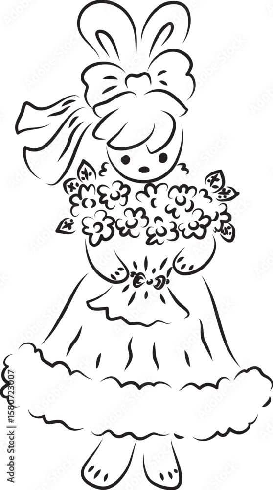 Fototapeta premium A cute bunny in a ball gown with a bow on her head stands and holds a bouquet of flowers in her hands and looks at the camera, full-length, black outlines drawn by hand with a brush curved lines