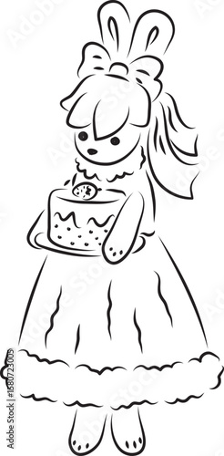 A cute bunny in a ball gown with a bow on her head stands and holds a cake in her hands on a plate, full-length, black outlines drawn by hand with a brush curved lines