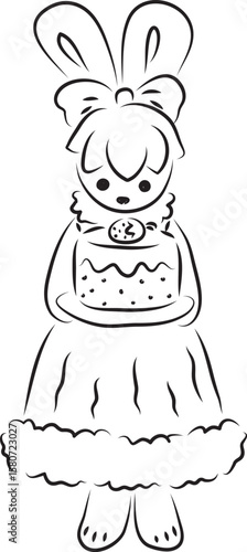 Cute bunny in a ball gown with a bow on her head stands and holds a cake in her hands on a plate and looks at the camera, black outlines drawn by hand with a brush curved lines