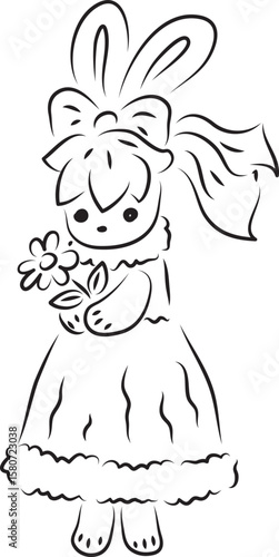 A cute bunny in a ball gown with a bow on her head stands and holds one flower in her hands, full-length, black outlines drawn by hand with a brush curved lines