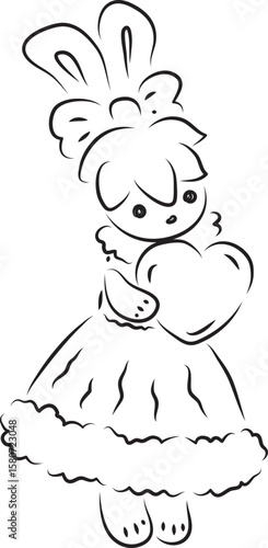 A cute bunny in a ball gown with a bow on her head stands and holds a heart in her hands, full-length, black outlines drawn by hand with a brush curved lines