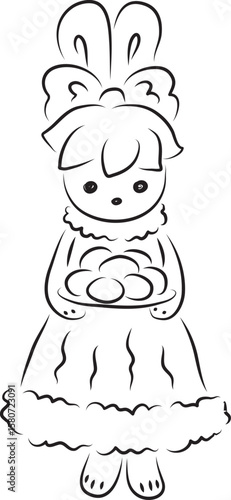 Cute bunny in a ball gown with a bow on her head stands and holds a plate with Easter eggs, front view, full length, black outlines drawn by hand with a brush curved lines