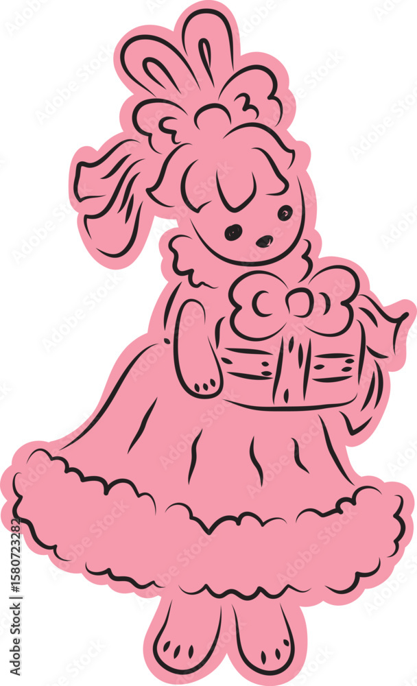 Fototapeta premium cute bunny in a ball gown with a bow on her head stands and holds a gift box in her hands, full size, with a pink fill extending beyond the outline, black outlines drawn by hand with a brush 