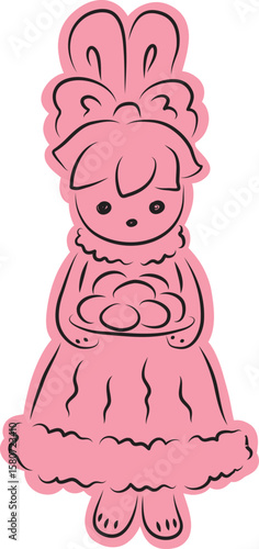 Cute bunny in a ball gown with a bow on her head stands and holds a plate with Easter eggs, front view, full length, with a pink fill extending beyond the outline, black outlines drawn by hand 
