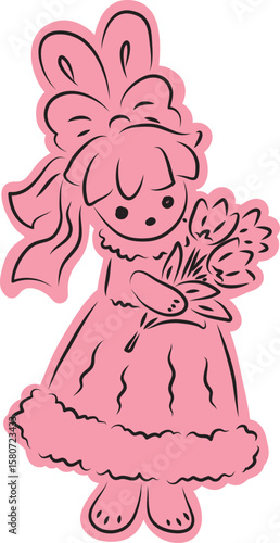 A cute bunny in a ball gown with a bow on her head stands and holds a bouquet of tulips in her hands, full-length, with a pink fill extending beyond the outline, black outlines drawn by hand 