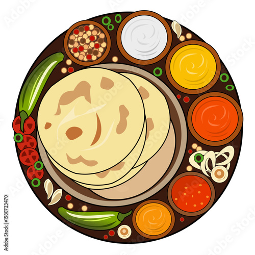 Traditional Indian Thali with Roti and Spices