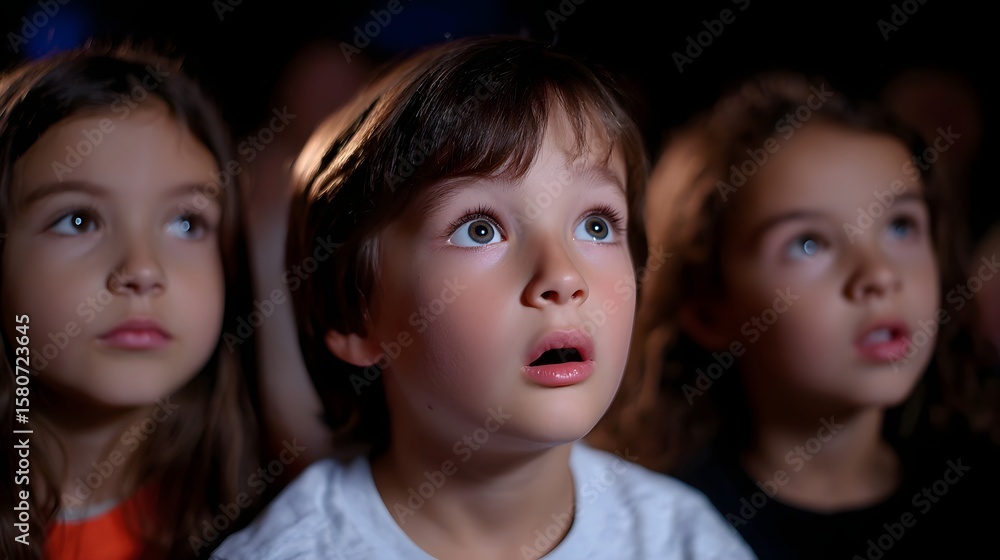 Three children with surprised, captivated expressions on their faces Three children with surprised, captivated expressions on their faces