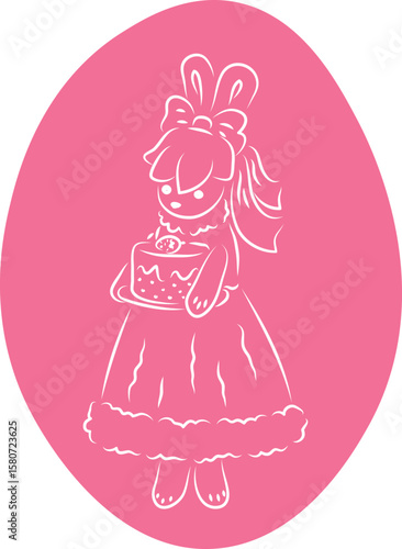 A cute bunny in a ball gown with a bow on her head stands and holds a cake in her hands on a plate, full-length, with an oval background in pink, white contours curved lines drawn by hand with a brush